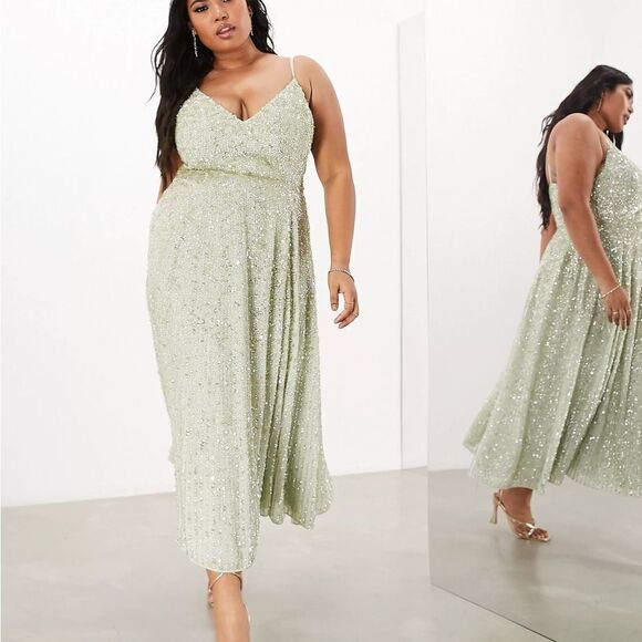 ASOS Edition Curve Sequin Embellished Cami Midi Dress in Sage Green Size US 14 - Picture 1 of 5